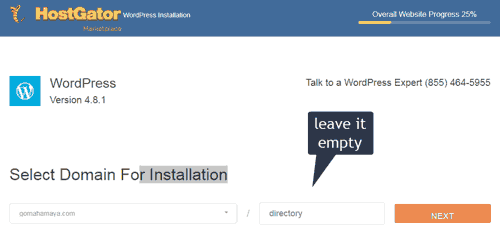 select domain for installation hostgator