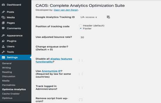 Complete Analytics Optimization Suite (CAOS) setting dashboard