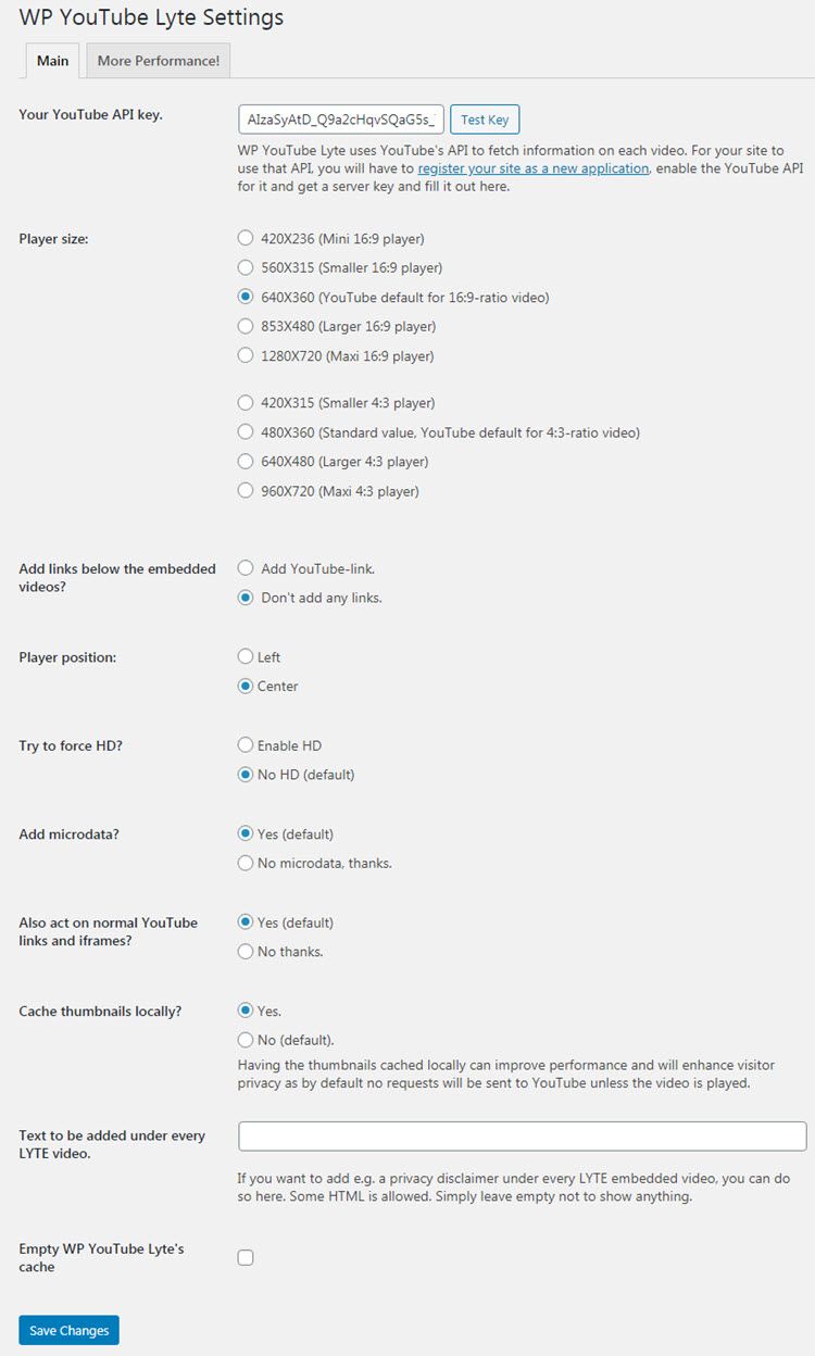 WP YouTube Lyte Settings