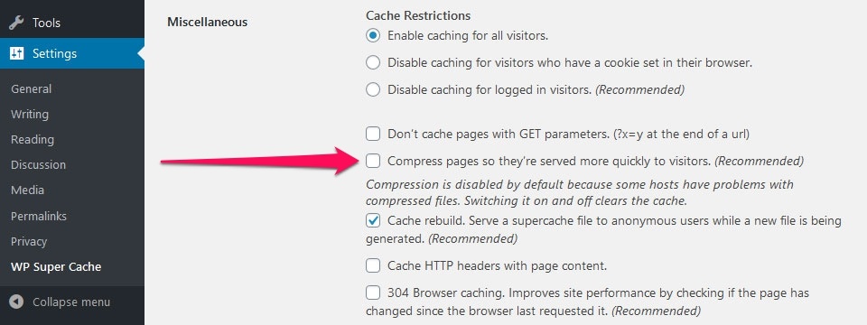 enable gzip compression in WP Super Cache 