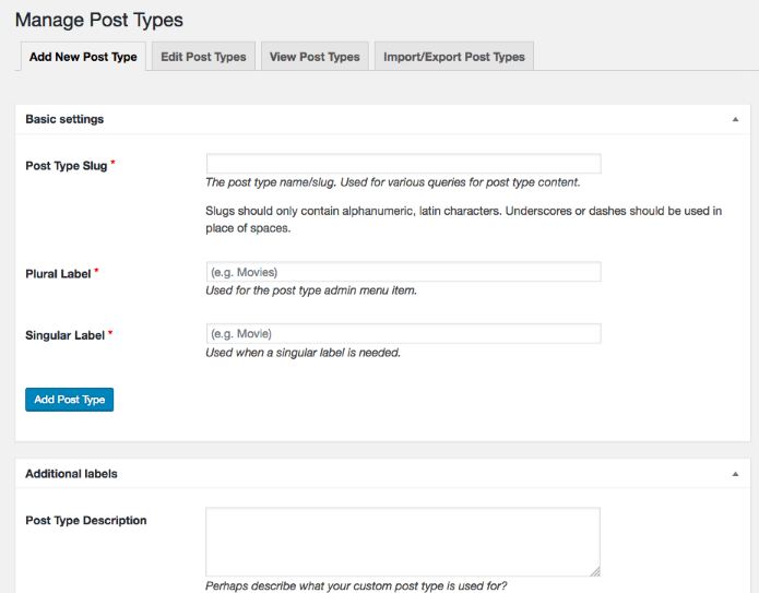 Custom Post Type UI plugin setting dashboard