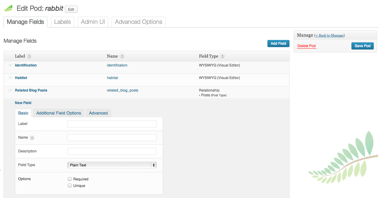 Pods – Custom Content Types and Fields Setting dashboard