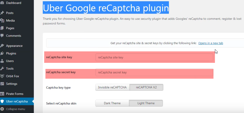 Uber reCaptcha Settings