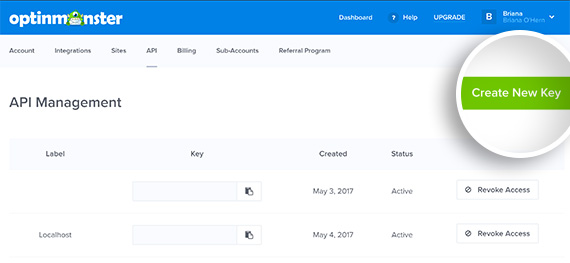 Optinmonster account api create key