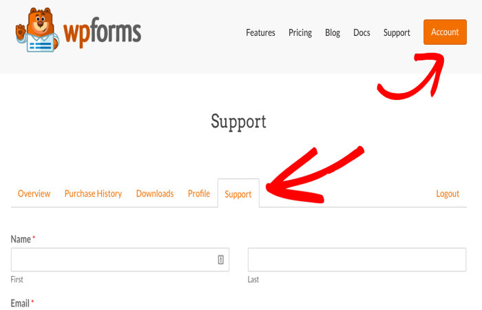 WPForms account support page
