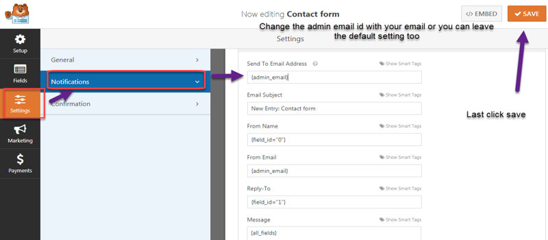 wpforms conatact forms notifcation settings