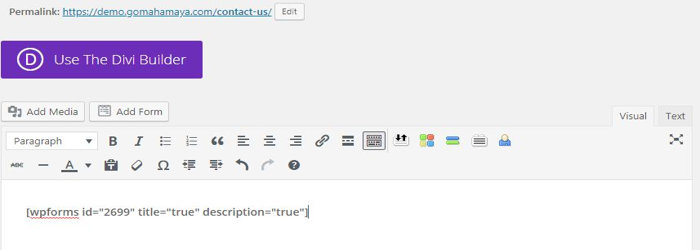 wpforms shortcode insertion in contact us page