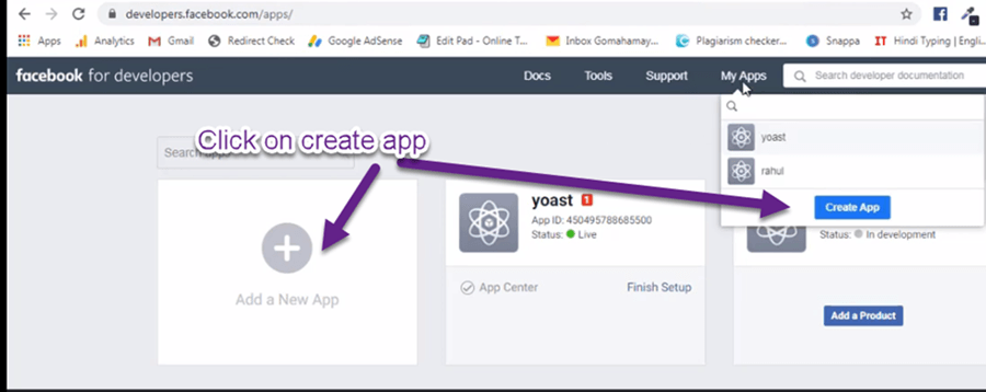 Click on create app in facebook for developer tool
