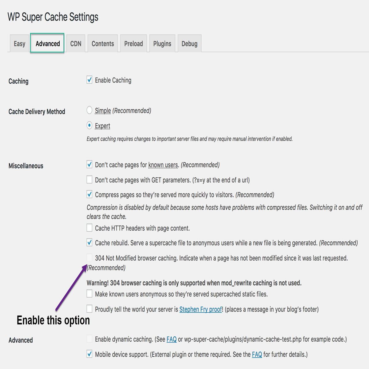 WP Super cache advance setting if modifed since header