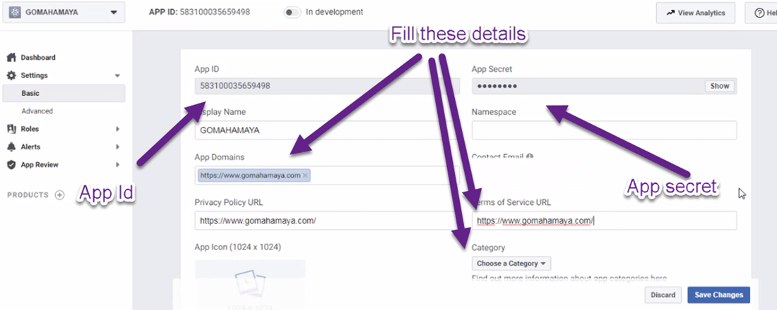 fill the important details of facebook app id setting