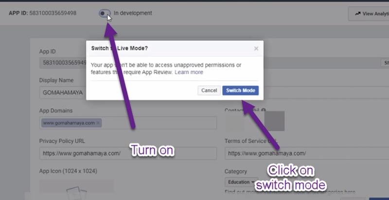 swtich live mode on for facebook app id