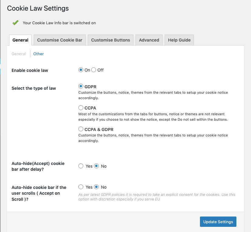 Cookie Yes GDPR Plugin WordPress Admin panel