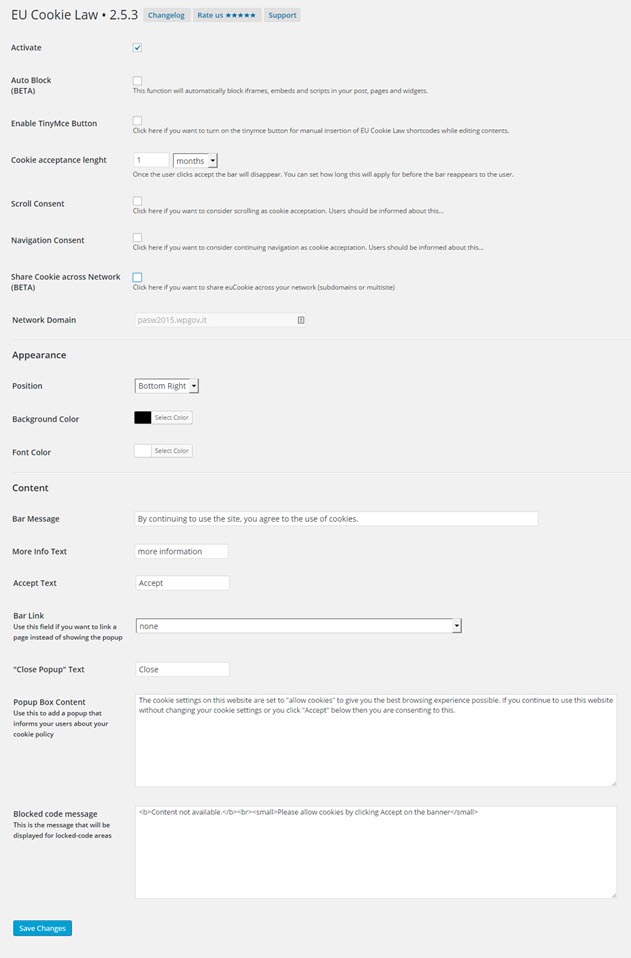 EU Cookie law settings