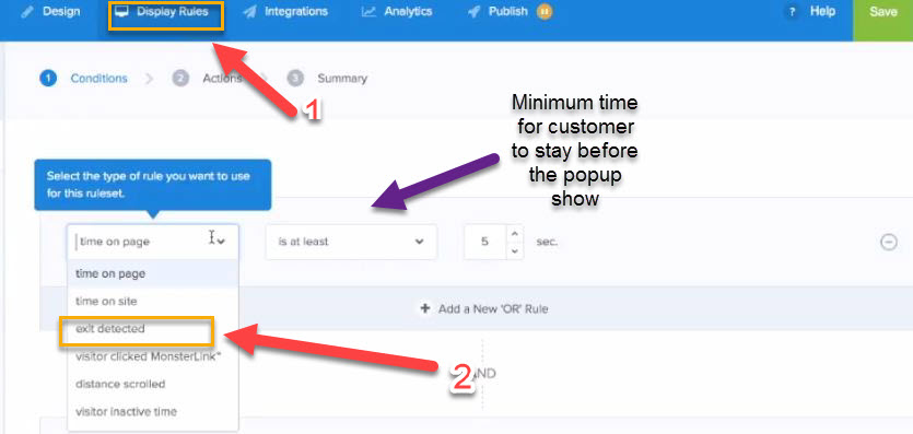 Optinmoster exit detected display rule setting