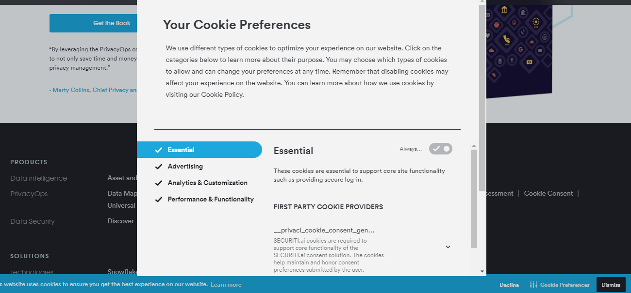 essential cookie preference