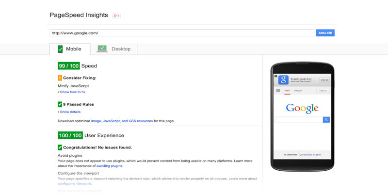 google page speed insight complete optimized