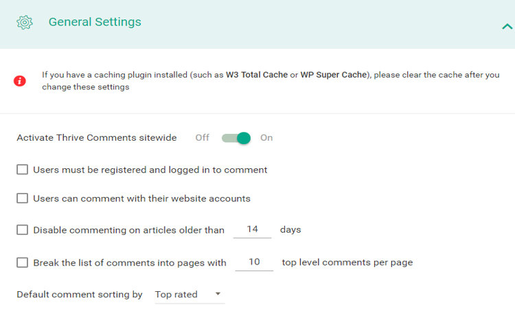 thrive comment plugin general setting