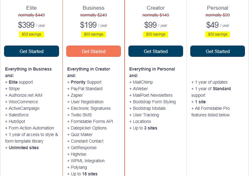 formidable forms pricing table