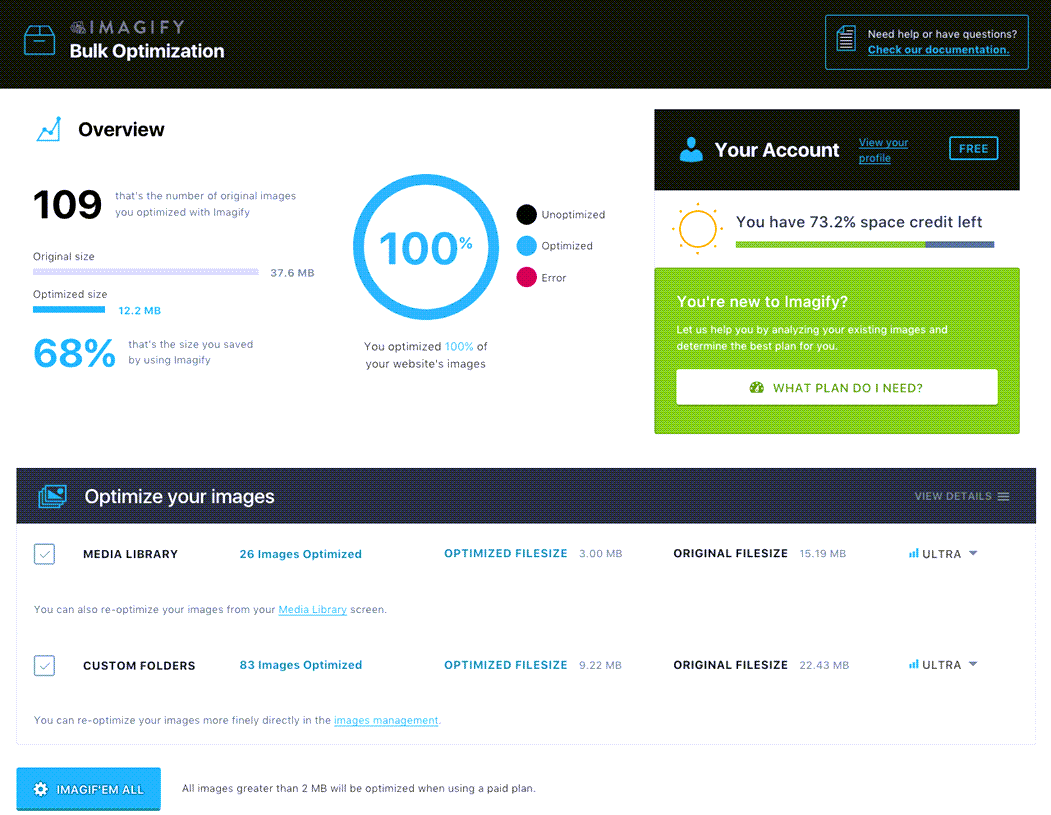 Imagify Bulk Optimization Dashboard Overview