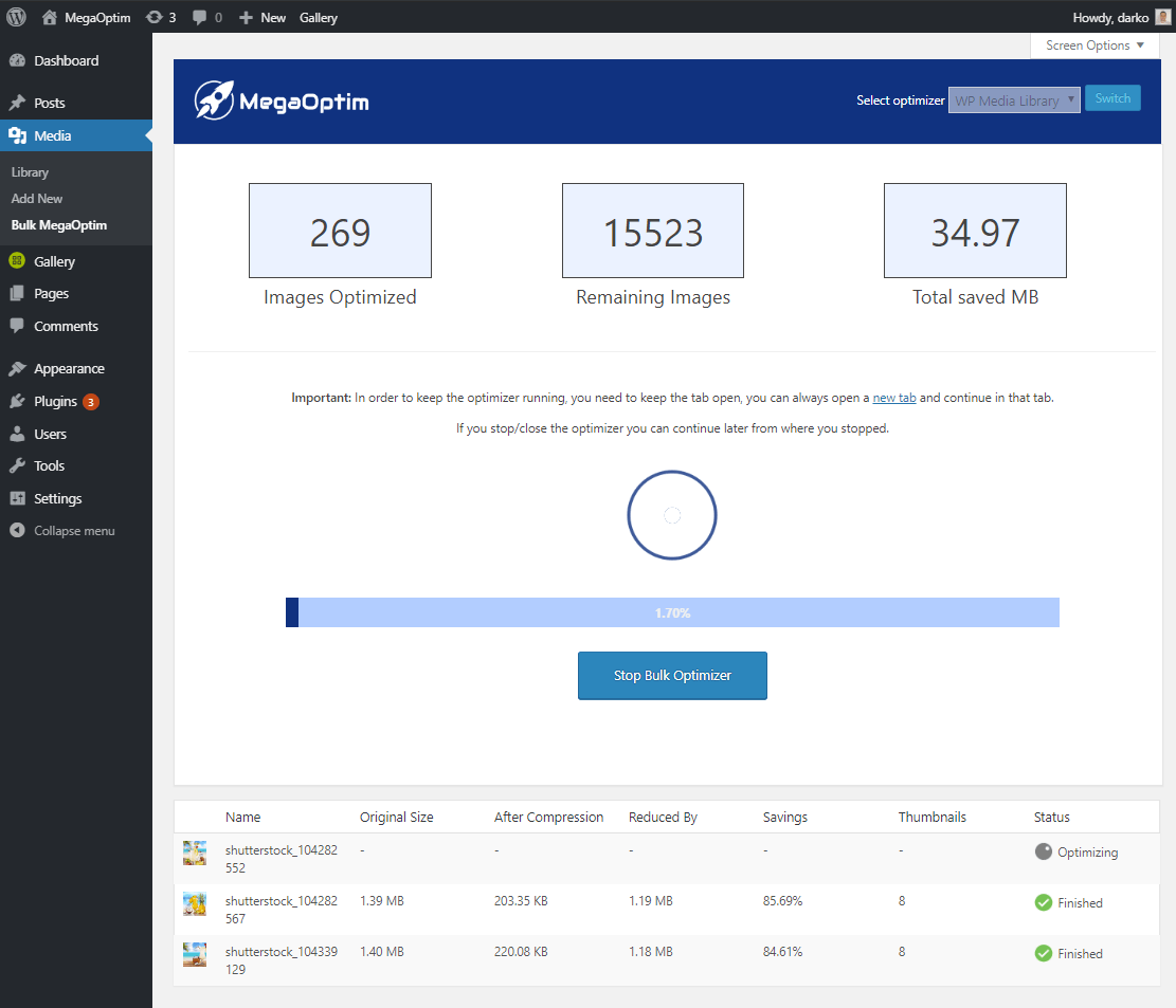 MegaOptim Media Library Optimizer Dashboard