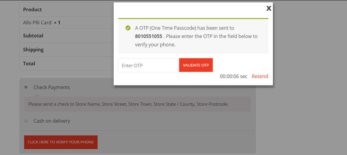 OTP On checkout page