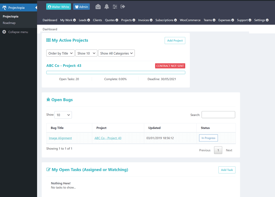 Projectopia My Active Project Dashboard