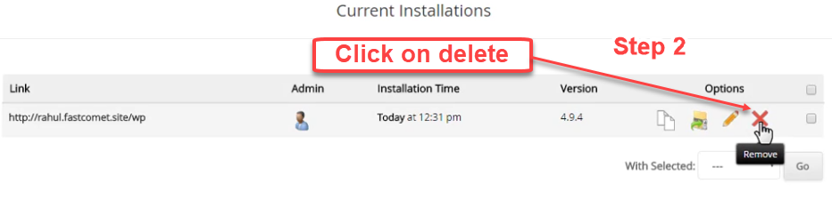 Softaculous uninstall the existing installation