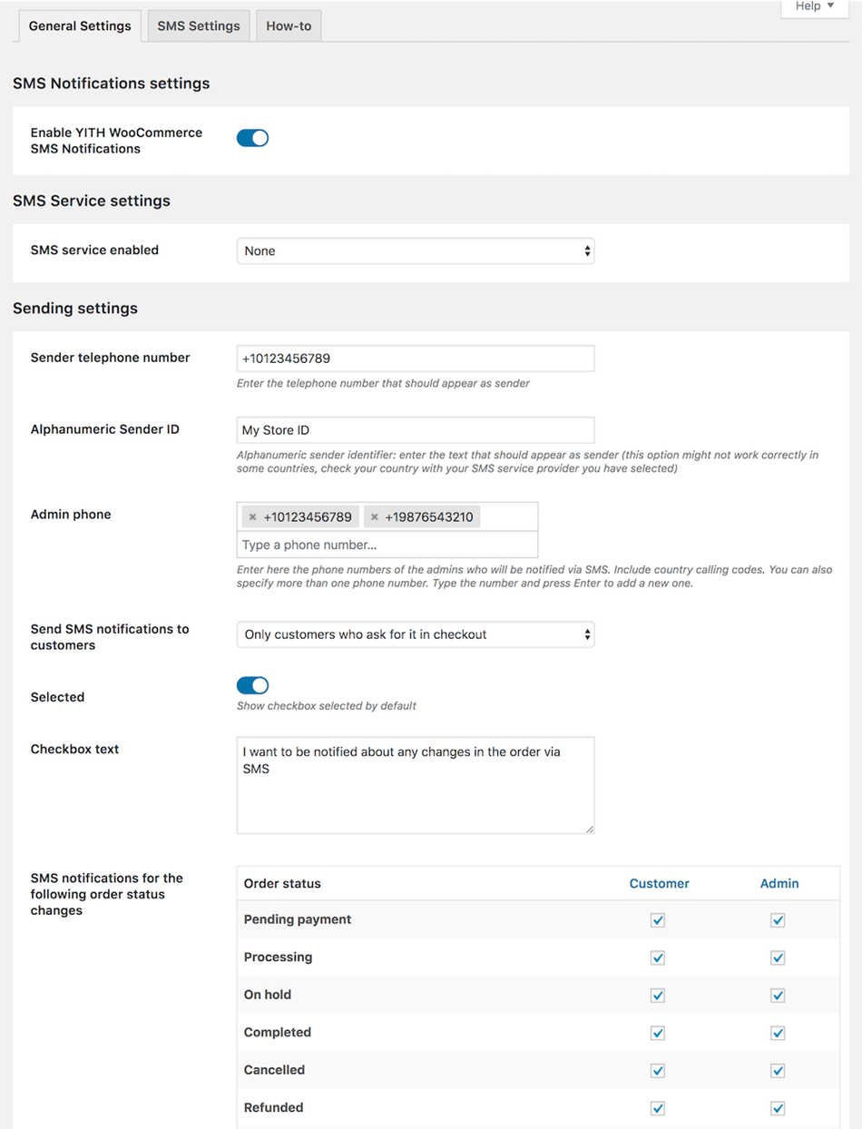 woocommerce sms notification General settings