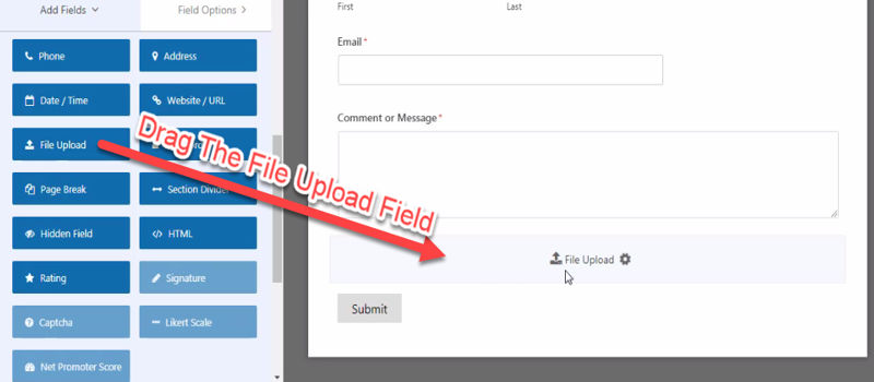 Drag file upload add field in the contact form