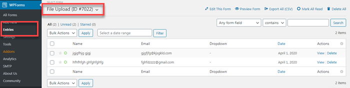 File upload entry check