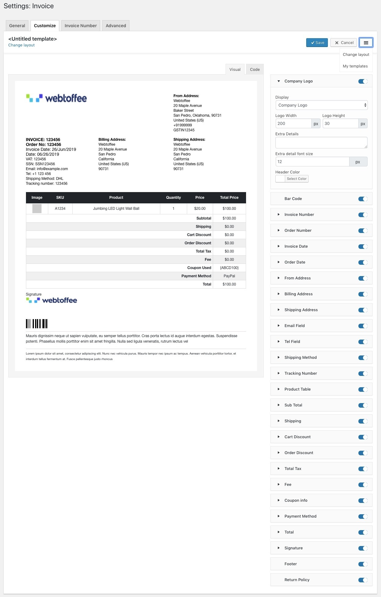 Invoice customization screen setting