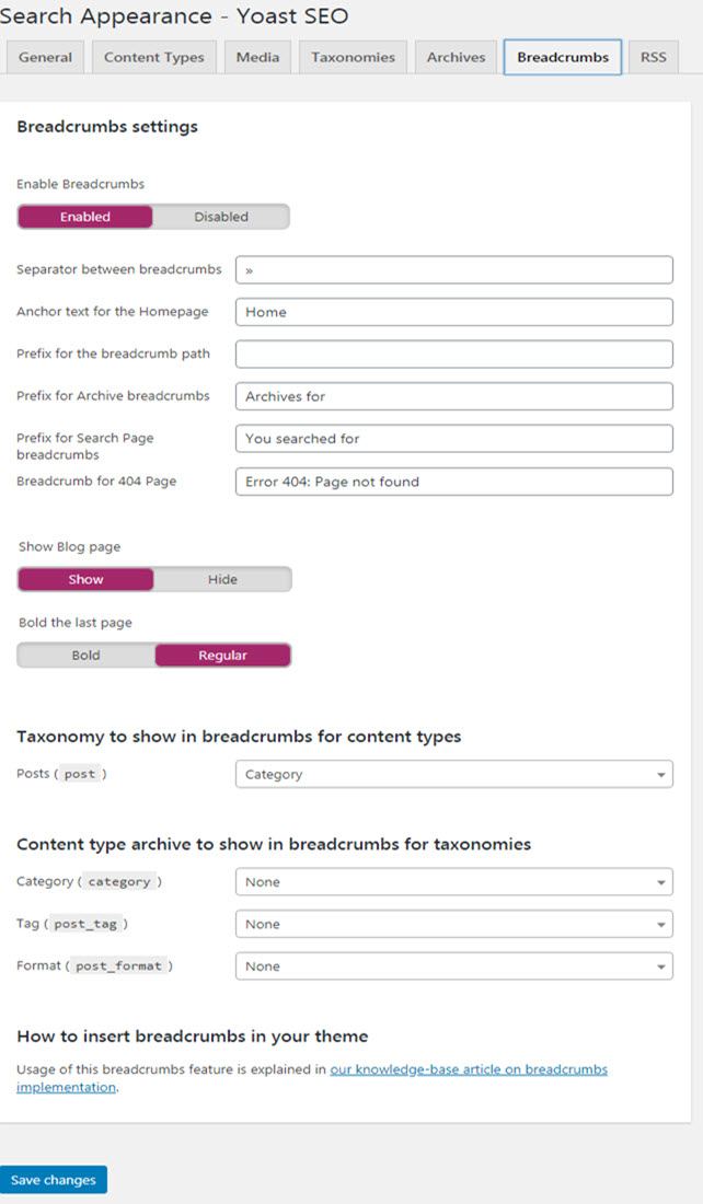 Search Appearance - Yoast SEO Breadcrumbs setting