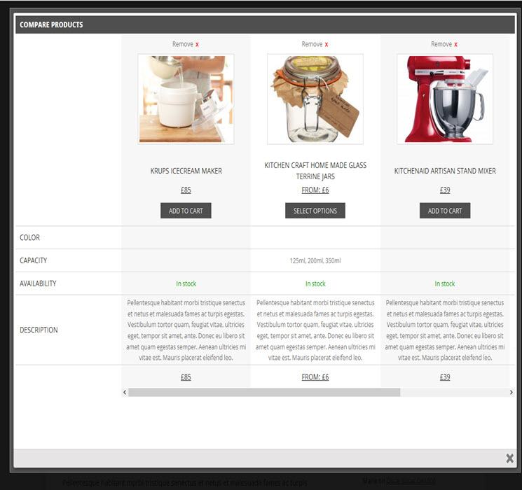 The popup with compare table