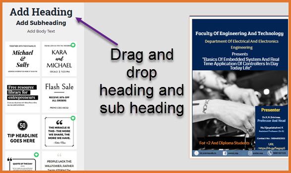 add heading and sub heading to your design by drag and drop