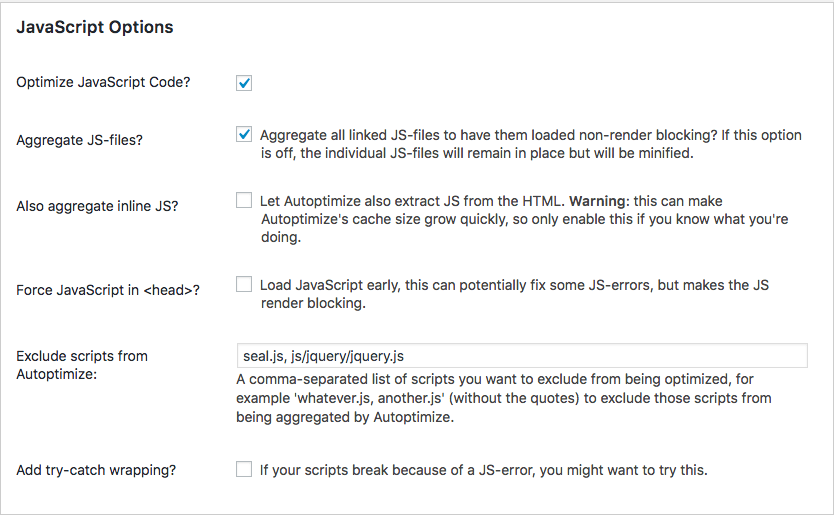 autoptimize javascript options