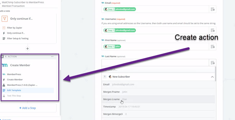 create action in zipper with mail chimp