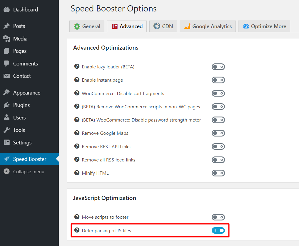 defer parsing of wordpres javascript using speed booster pack wordpress plugin