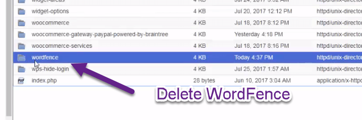delete wordfence folder in cpanel