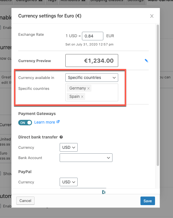 setting countries per currency