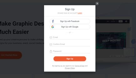 signup with facebook and google popup