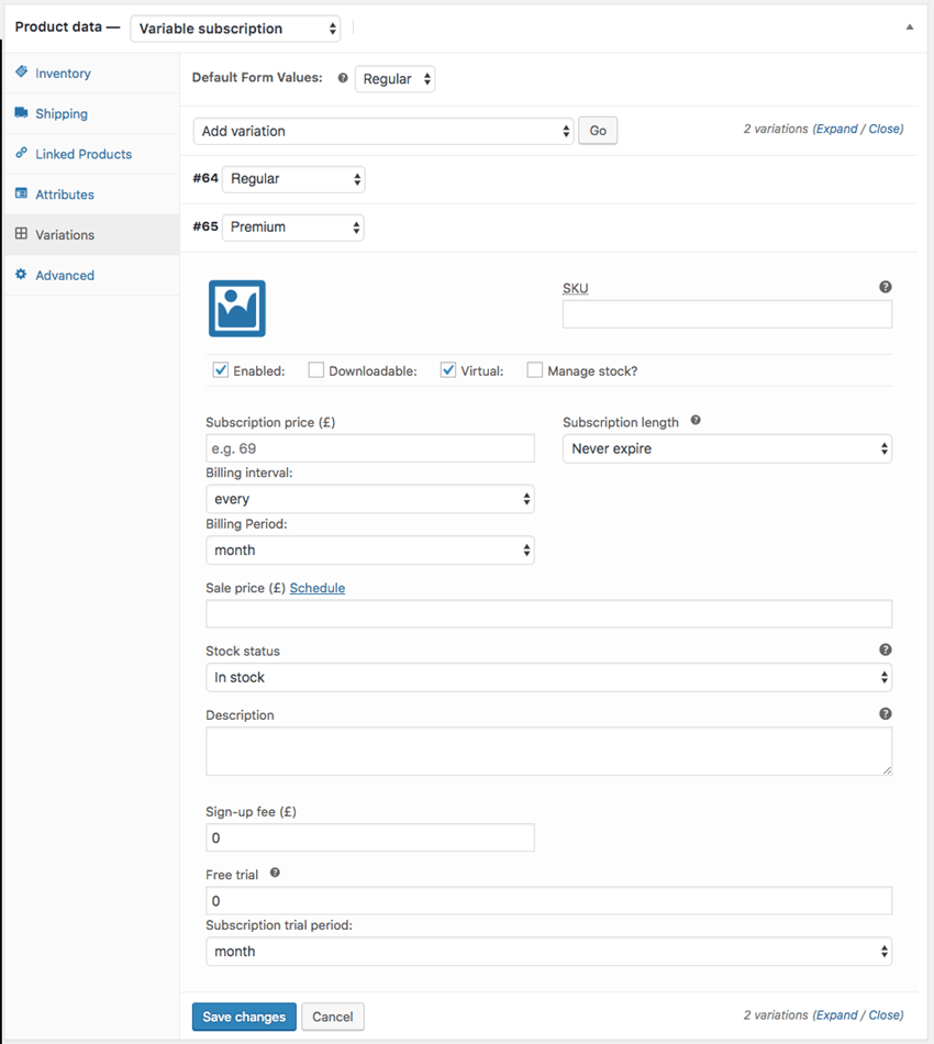 variable subscription product settings