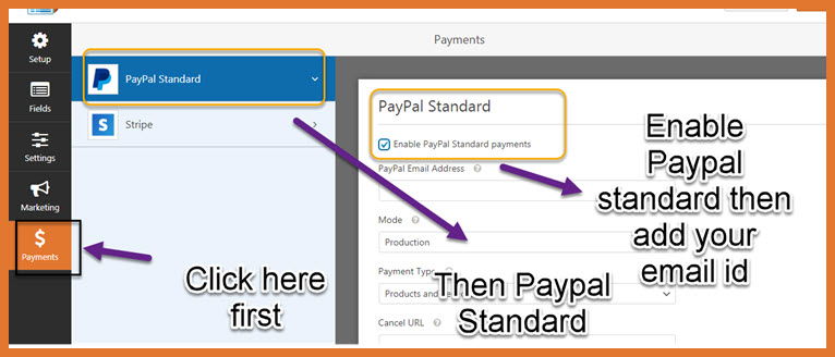 wpfroms payment setting tab paypal standard