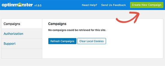 Create new campaign from optinmonster dashboard