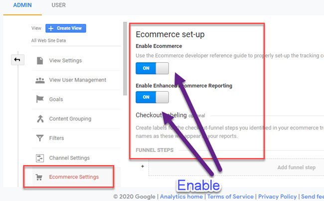 enable ecommerce set-up and enable enhacned ecommerce reporting