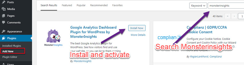 how to install and activate monsterinsights WordPress plugin