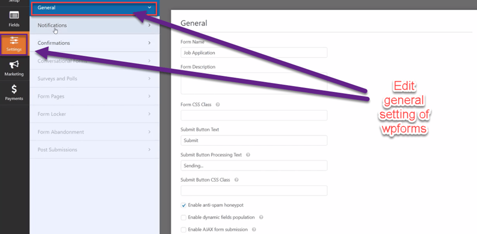 Edit general setting of wpforms