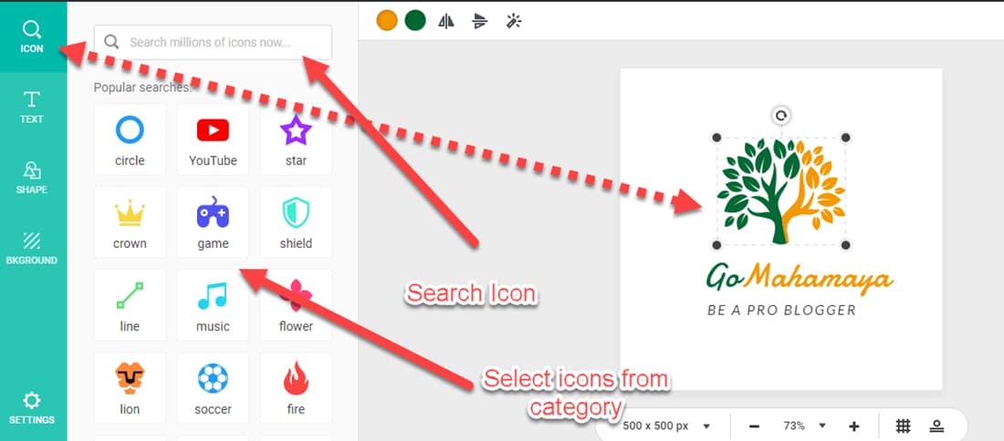 Select icons from category to create your logo