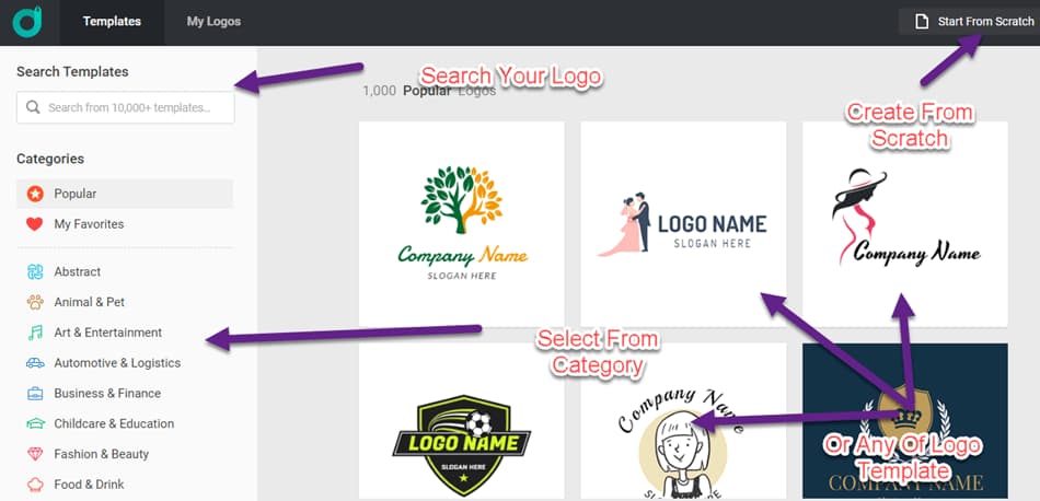 Select the how you want to create logo in designevo