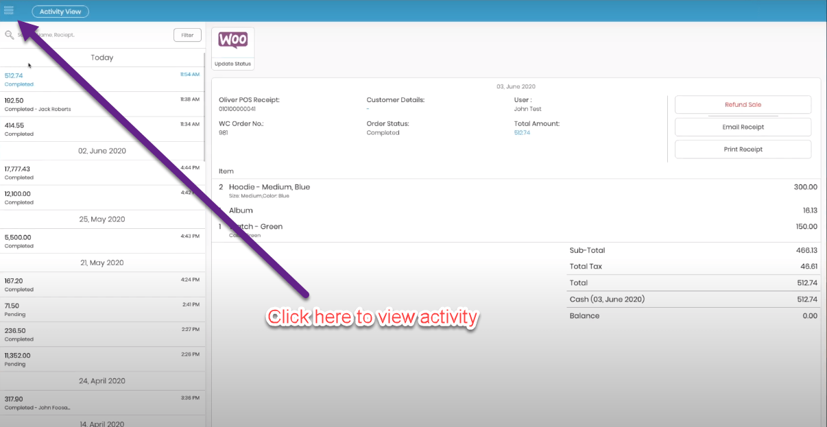 View purchase stat or activity in oliver pos