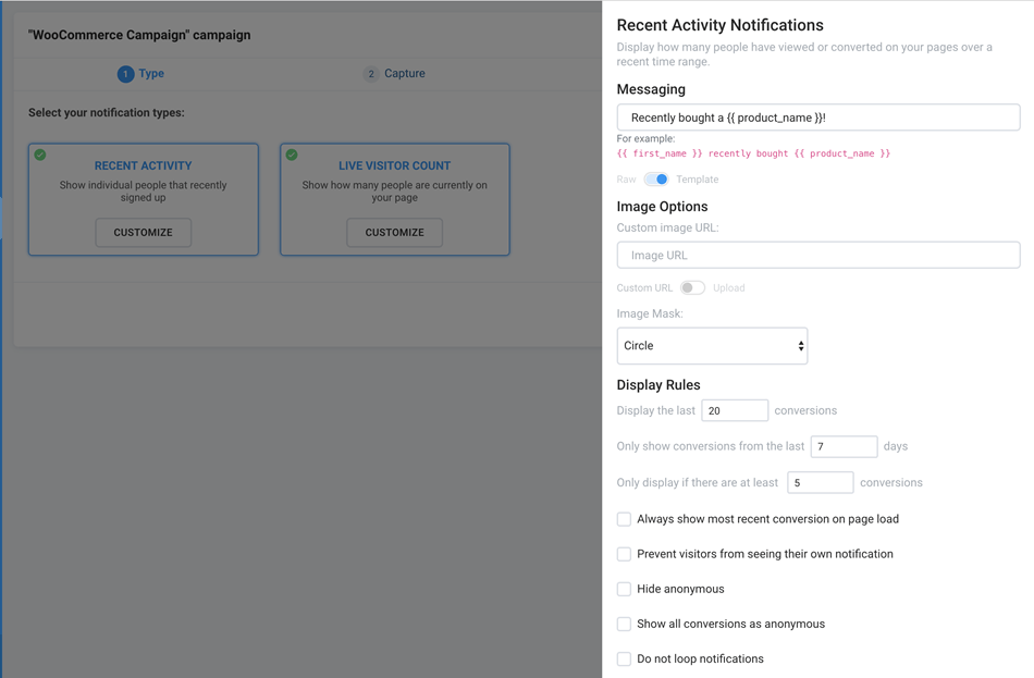 WooCommerce Campaign Recent Activity Notification Setting